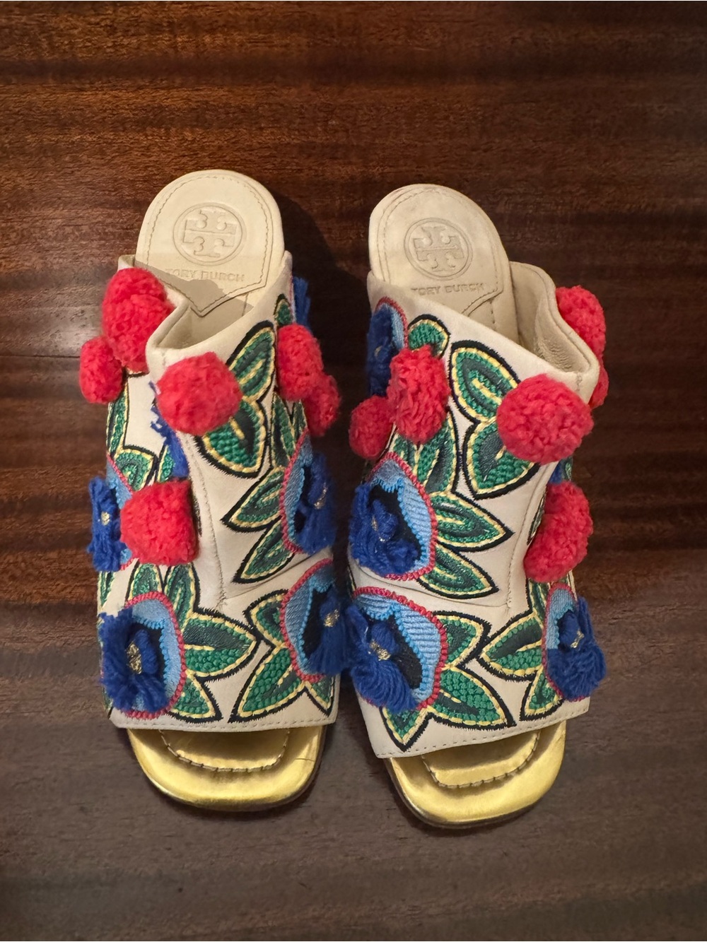 Authentic Tory Burch Floral Embroidered Pom Pom Mule Heels Size 5.5